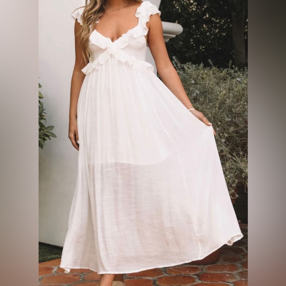 White ruffle tie back maxi dress